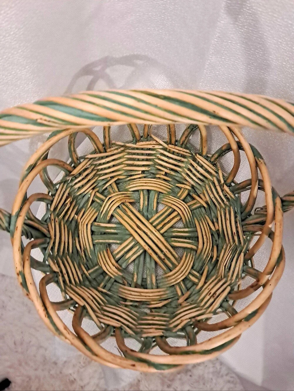 Vintage Large Handwoven Wicker Basket Green & Natural Twisted Handle Cottagecore
